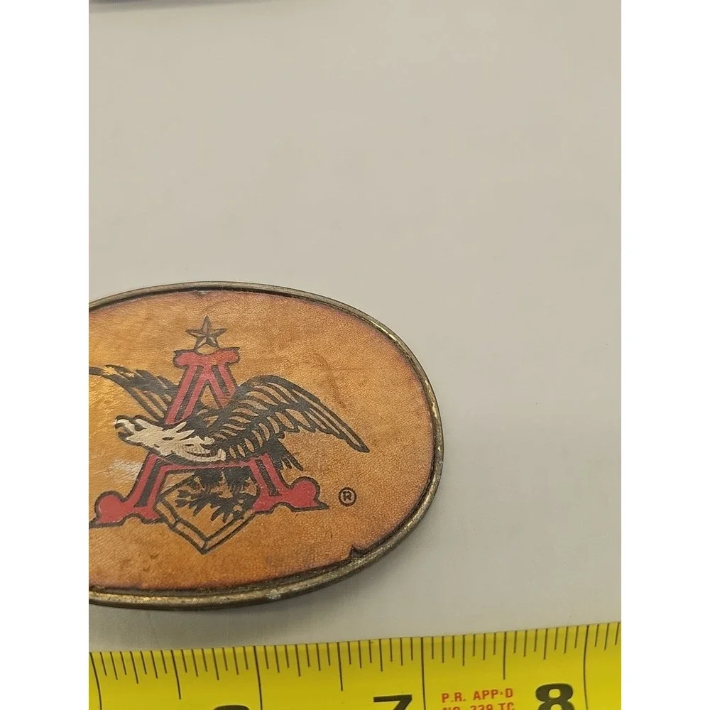 Vtg Leather Front Belt Buckle Budweiser  1970's Solid Brass Anheuser Busch Beer